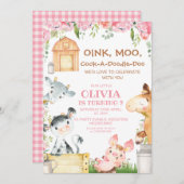 ピンクの花畑 豚の鳴き声 牛の鳴き声 農場 牧場 誕生日 招待状 (正面/裏面)