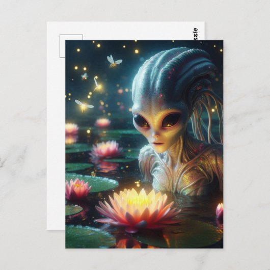 ピンクの花白熱［赤熱］光を放つが咲く夏の池のエイリアン ポストカード (正面/裏面)