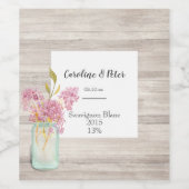 ピンクの花素朴メイソンの瓶の木目 ワインラベル (シングルラベル)