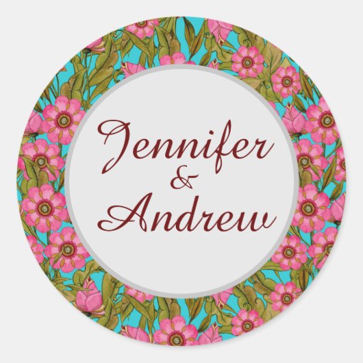 ピンクの花結婚のシール ラウンドシール (正面)