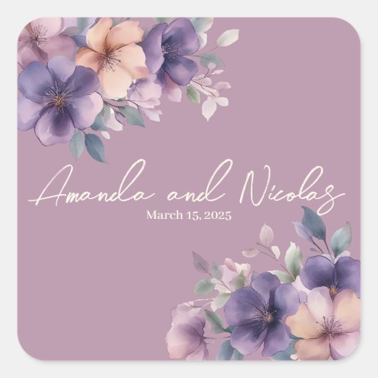 ピンクの花結婚のステッカー スクエアシール (正面)