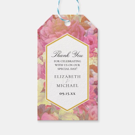 ピンクの花結婚の感謝メッセージカード ギフトタグ (正面)
