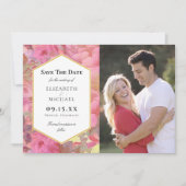 ピンクの花結婚式の日付を保存フォトカード セーブザデート (正面)