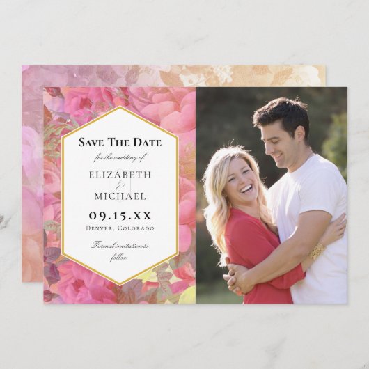 ピンクの花結婚式の日付を保存フォトカード セーブザデート (正面/裏面)