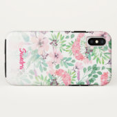 ピンクの花緑の葉柄モノグラム Case-Mate iPhoneケース (裏面(横))