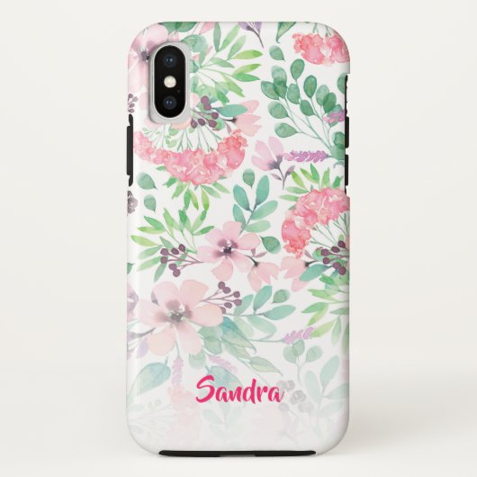ピンクの花緑の葉柄モノグラム Case-Mate iPhoneケース (裏面)