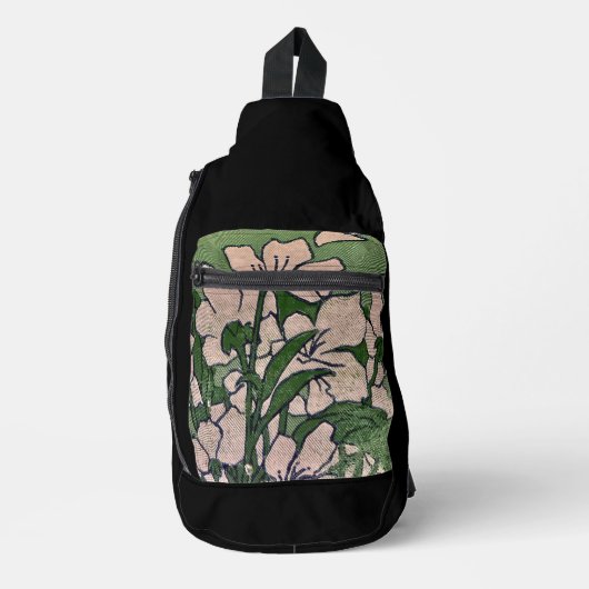 ピンクの花緑 スリングバッグ (正面)