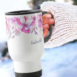 ピンクの花縁どとブラシのスクリプト名 トラベルマグ