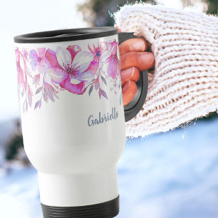 ピンクの花縁どとブラシのスクリプト名 トラベルマグ