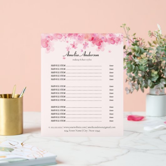 ピンクの花美しいスタイリストサービスの価格表 アクリルサイン (ウェディング)