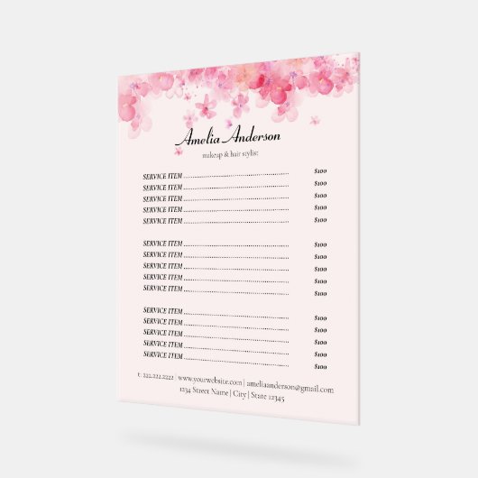 ピンクの花美しいスタイリストサービスの価格表 アクリルサイン (傾斜)