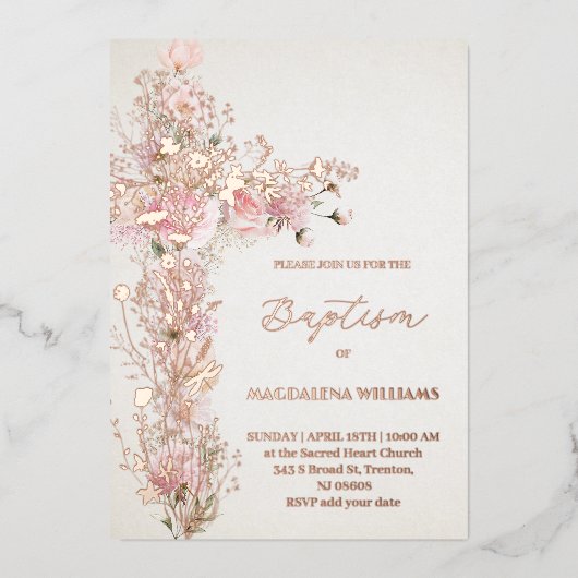 ピンクの花聖クロスバプティスフォイル招待状 箔招待状 (正面)