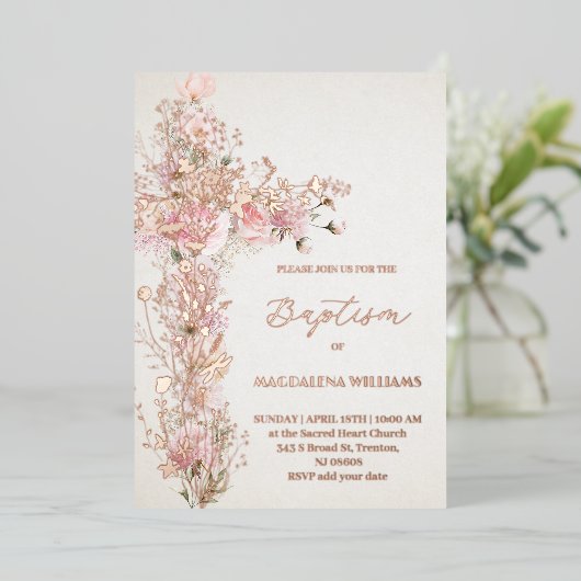 ピンクの花聖クロスバプティスフォイル招待状 箔招待状 (立ち正面)