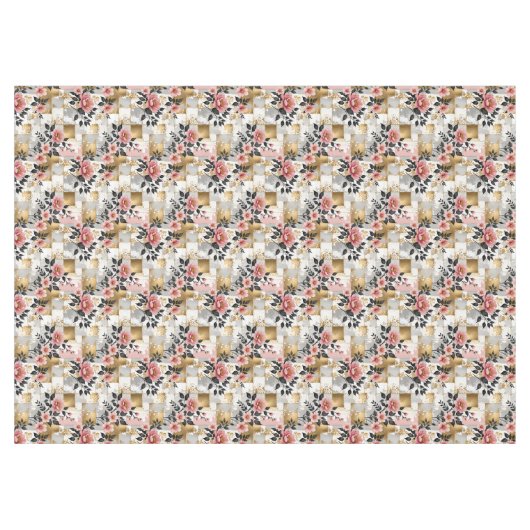 ピンクの花花花花花束付き金ゴールドと白い正方形 テーブルクロス (正面(横))