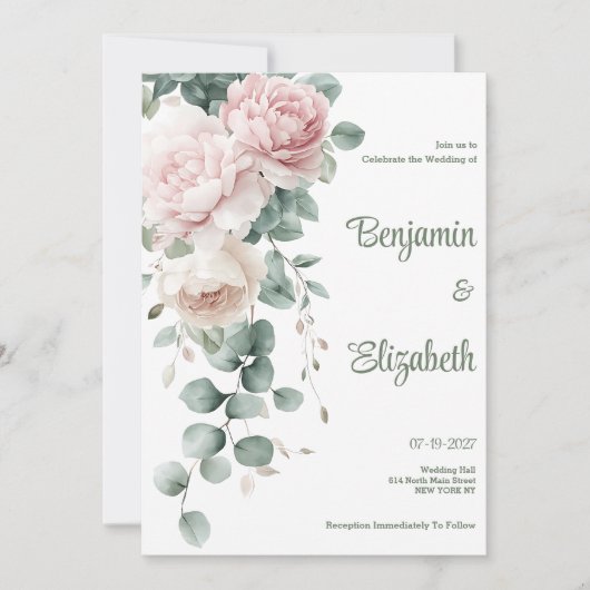 ピンクの花茎牡丹ユーカリ結婚の葉 招待状 (正面)