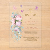 ピンクの花蝶バプテスマ アクリル招待状 (正面)