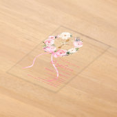 ピンクの花輪とリボンの女の子 洗礼 透明 アクリル招待状 (レイダウン)