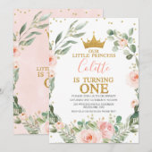 ピンクの花輪 リトルプリンセス 1歳の誕生日 招待状 (正面/裏面)