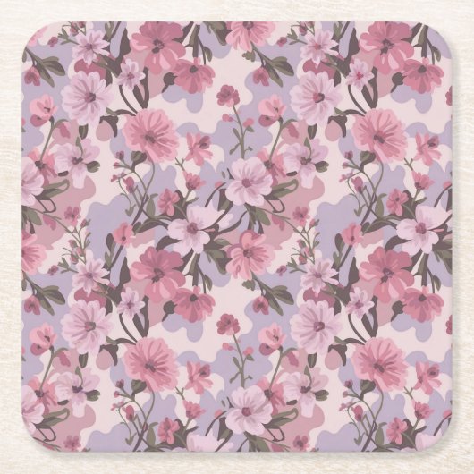 ピンクの花迷彩柄コースターセット スクエアペーパーコースター (正面)