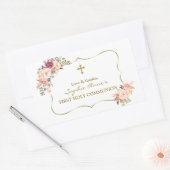 ピンクの花金ゴールドガールフォト聖餐会 長方形シール (封筒)