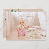 ピンクの花金ゴールドガール写真1st誕生日バプテスマ サンキューカード (正面/裏面)