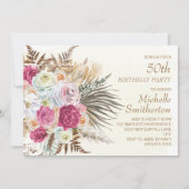ピンクの花金ゴールドグリッタークリーム50誕生日 招待状 (正面)