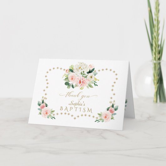 ピンクの花金ゴールドグリッタースパークルスクロスバプテスマ サンキューカード (正面)