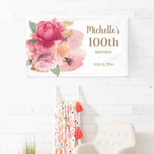 ピンクの花金ゴールドグリッター100th誕生日パーティー 横断幕 (インサイチュ)