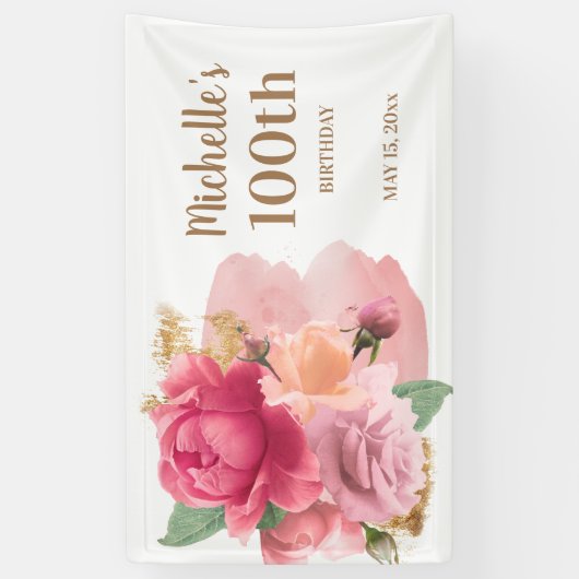 ピンクの花金ゴールドグリッター100th誕生日パーティー 横断幕 (縦)