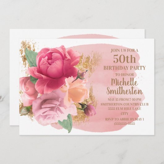 ピンクの花金ゴールドグリッター50th誕生日パーティー 招待状 (正面/裏面)