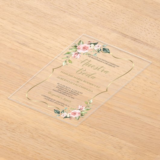 ピンクの花金ゴールドスペインのヌエストラボダ書道 アクリル招待状 (レイダウン)