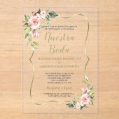 ピンクの花金ゴールドスペインのヌエストラボダ書道 アクリル招待状 (正面)