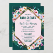 ピンクの花金ゴールドトリムエメラルドジェイドベビーシャワー 招待状 (正面/裏面)