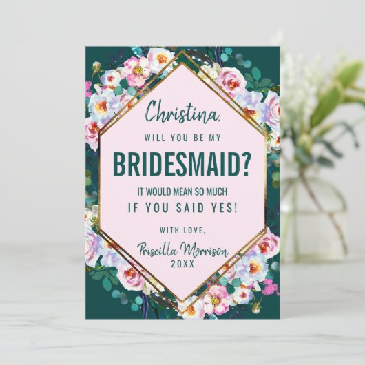 ピンクの花金ゴールドトリムエメラルドジェードブライドメイド 招待状 (スタンド正面)