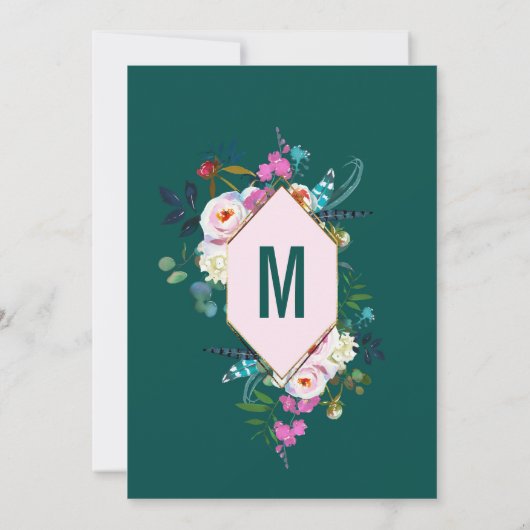 ピンクの花金ゴールドトリムエメラルドジェードブライドメイド 招待状 (裏面)