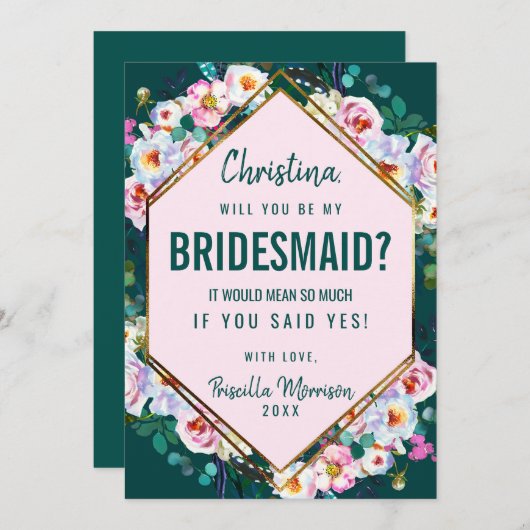 ピンクの花金ゴールドトリムエメラルドジェードブライドメイド 招待状 (正面/裏面)