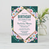 ピンクの花金ゴールドトリムエメラルド翡翠誕生日 招待状 (スタンド正面)