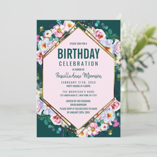 ピンクの花金ゴールドトリムエメラルド翡翠誕生日 招待状 (スタンド正面)