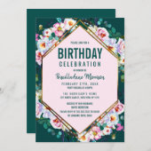 ピンクの花金ゴールドトリムエメラルド翡翠誕生日 招待状 (正面/裏面)