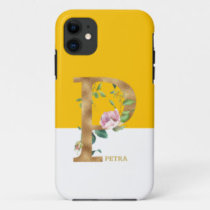 ピンクの花金ゴールドモノグラム文字P iPhone 11 ケース