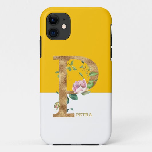 ピンクの花金ゴールドモノグラム文字P Case-Mate iPhoneケース (裏面)