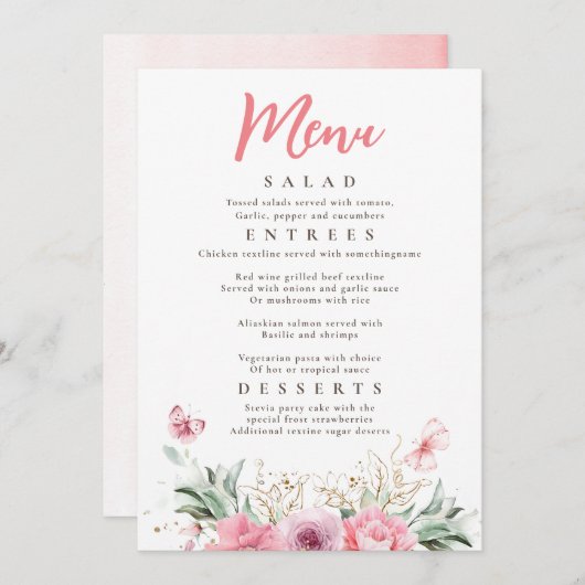 ピンクの花金ゴールド緑の蝶パーティーメニュー 招待状 (正面/裏面)