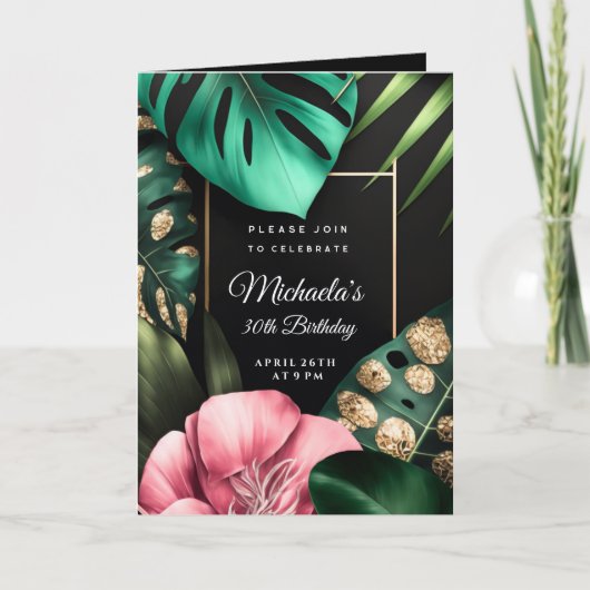 ピンクの花金ゴールド葉グリッター誕生日パーティー 招待状 (正面)