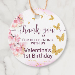 ピンクの花金ゴールド蝶スクリプトありがとう フェイバータグ