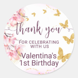 ピンクの花金ゴールド蝶スクリプトありがとう ラウンドシール