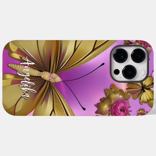 ピンクの花金ゴールド蝶パーソナライズされたの名前 Case-Mate iPhoneケース (裏面 (横))
