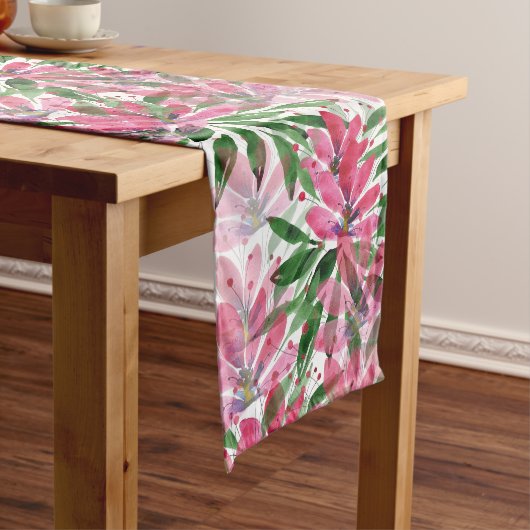 ピンクの花開花オリジナル水彩アート ロングテーブルランナー (インサイチュ)