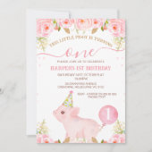 ピンクの花風船 このリトルピギーの1歳の誕生日 招待状 (正面)