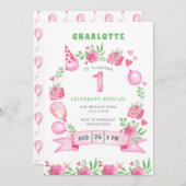 ピンクの花風船 1歳の誕生日招待状 招待状 (正面/裏面)