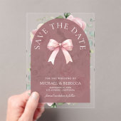 ピンクの花飾りと優雅なデザインの結婚式のSave the Date アクリル招待状 (インサイチュ (ポータブル))